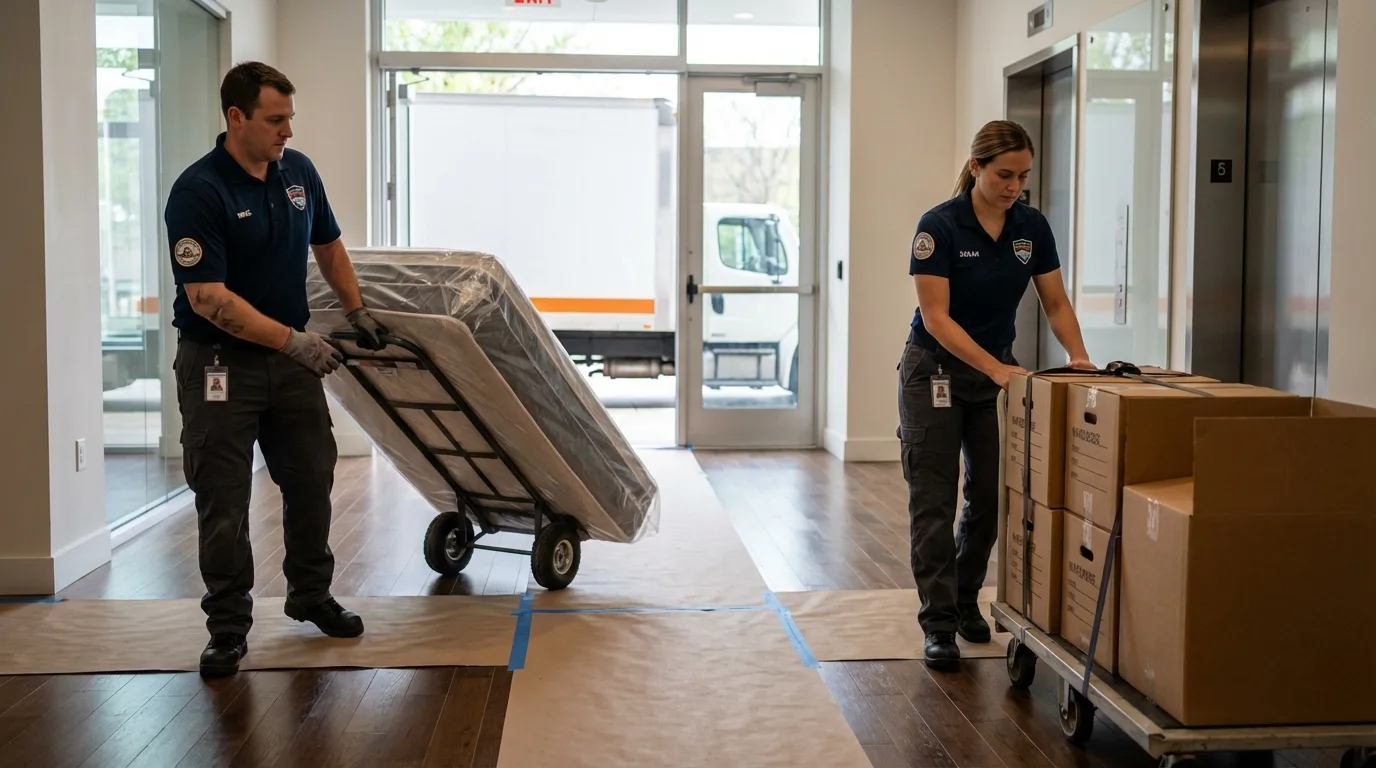 Professional apartment movers loading elevator in Crownpoint, NM